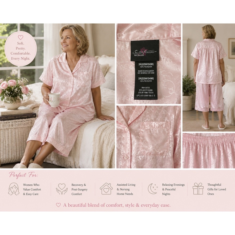 Secret Treasures 3X 22W 24W Pink Satin Jacquard Pajama Set Button Front Capri